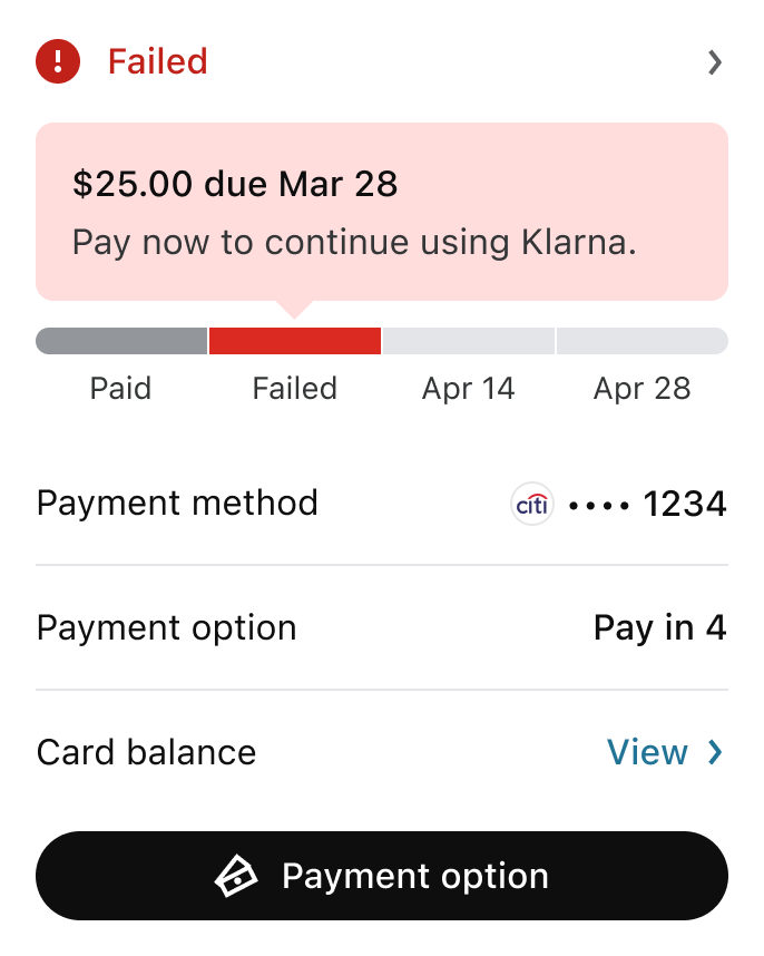 Failed payment state with next-due callout and Pay now CTA